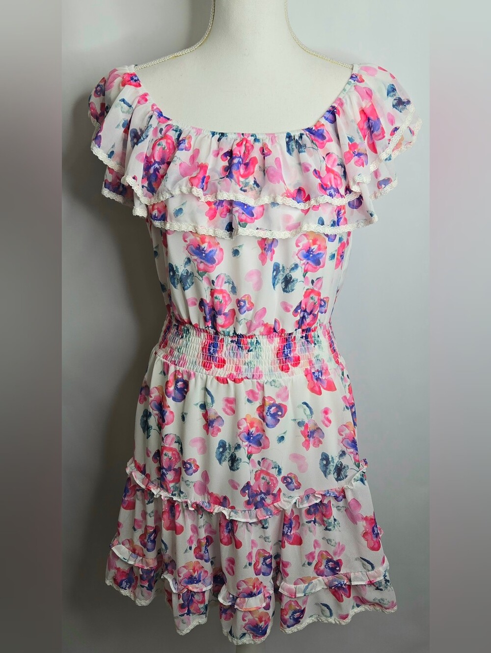 Allison New York Watercolor Floral Ruffle Lace Trim Wedding Guest Dress NWOT S